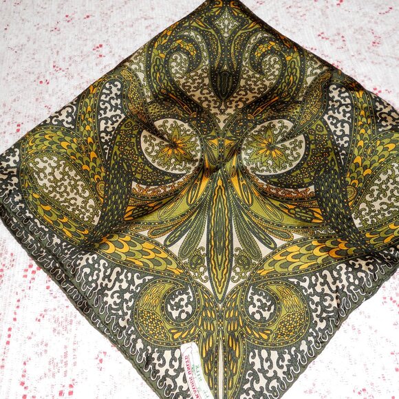 Vtg Ray Strauss All Silk Scarf Olive Golden Yellow Italy - Picture 2 of 5